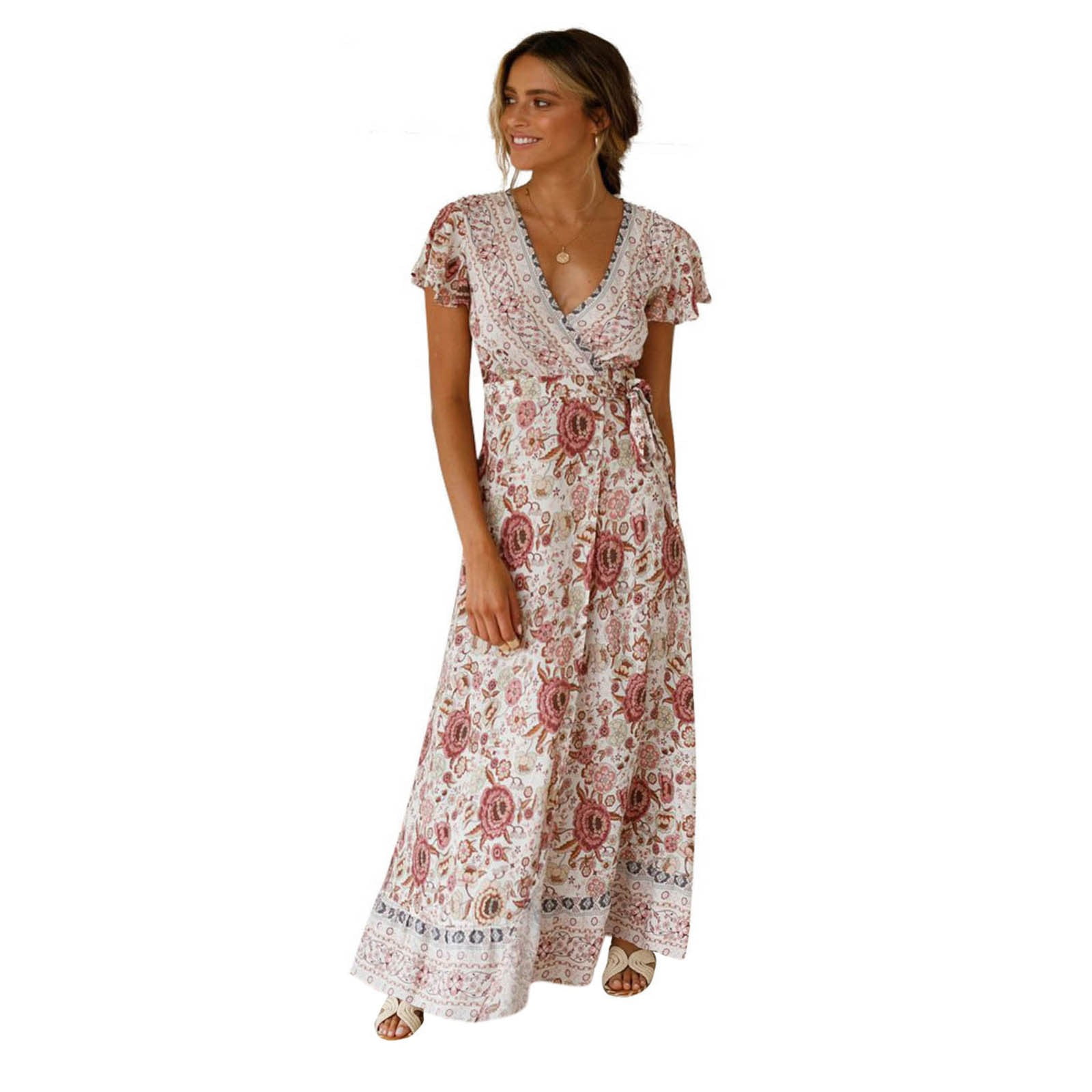 LANISEN Womens Summer Boho Floral Swing Beach Mini Dress Casual Short Sleeve Backless Ruffle A Line Dress
