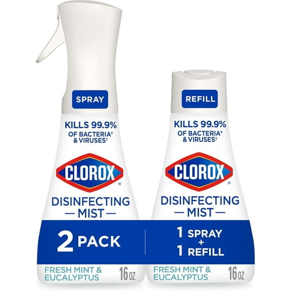 Disinfecting Mist, Eucalyptus Peppermint, Household Essentials, 1 Spray and 1 Refill, 16 oz Each