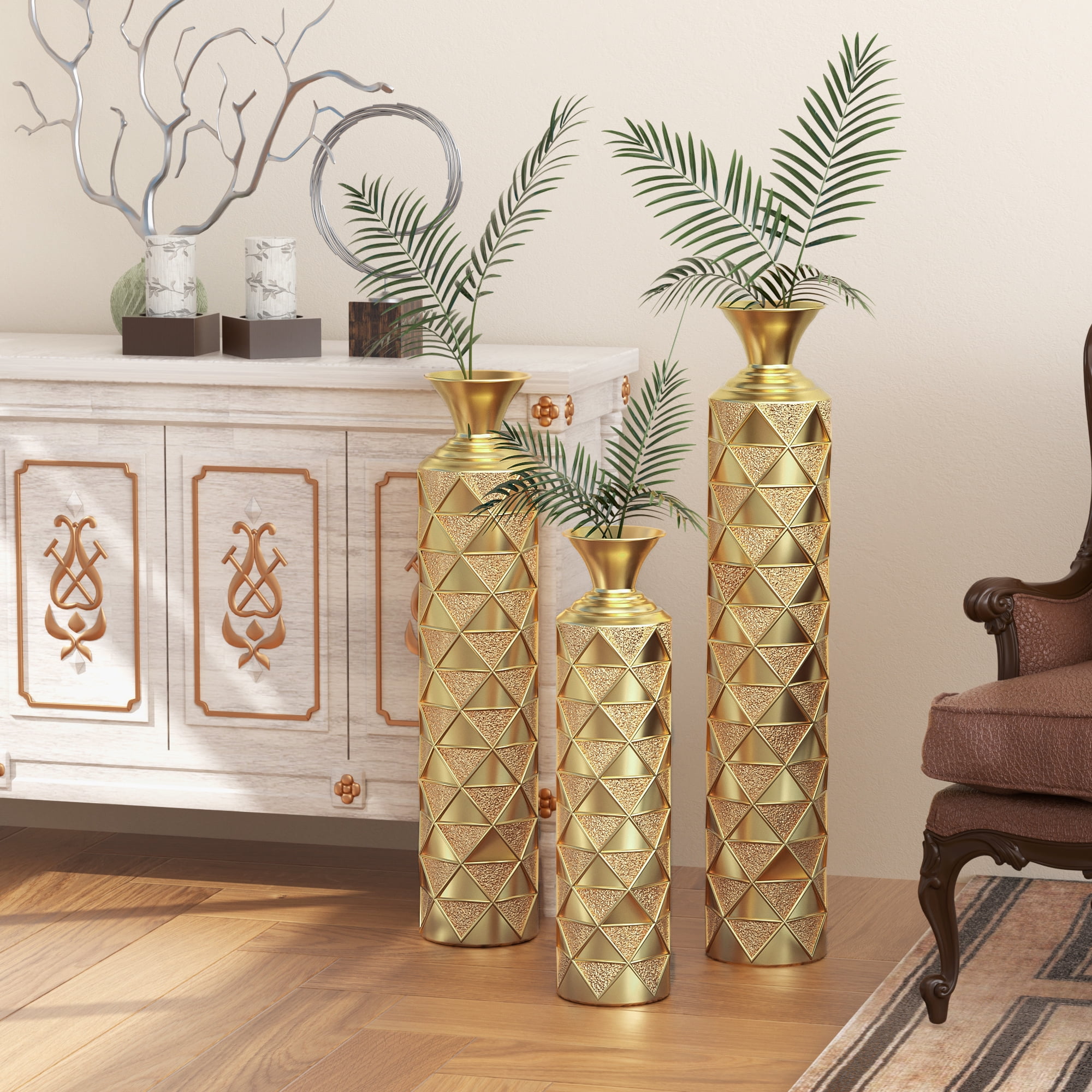 Aukfa Tall Floor Vase for Flowers,Set of 3 Large Metal Glazed Vase,24.5"/28.75"/33.5",Gold