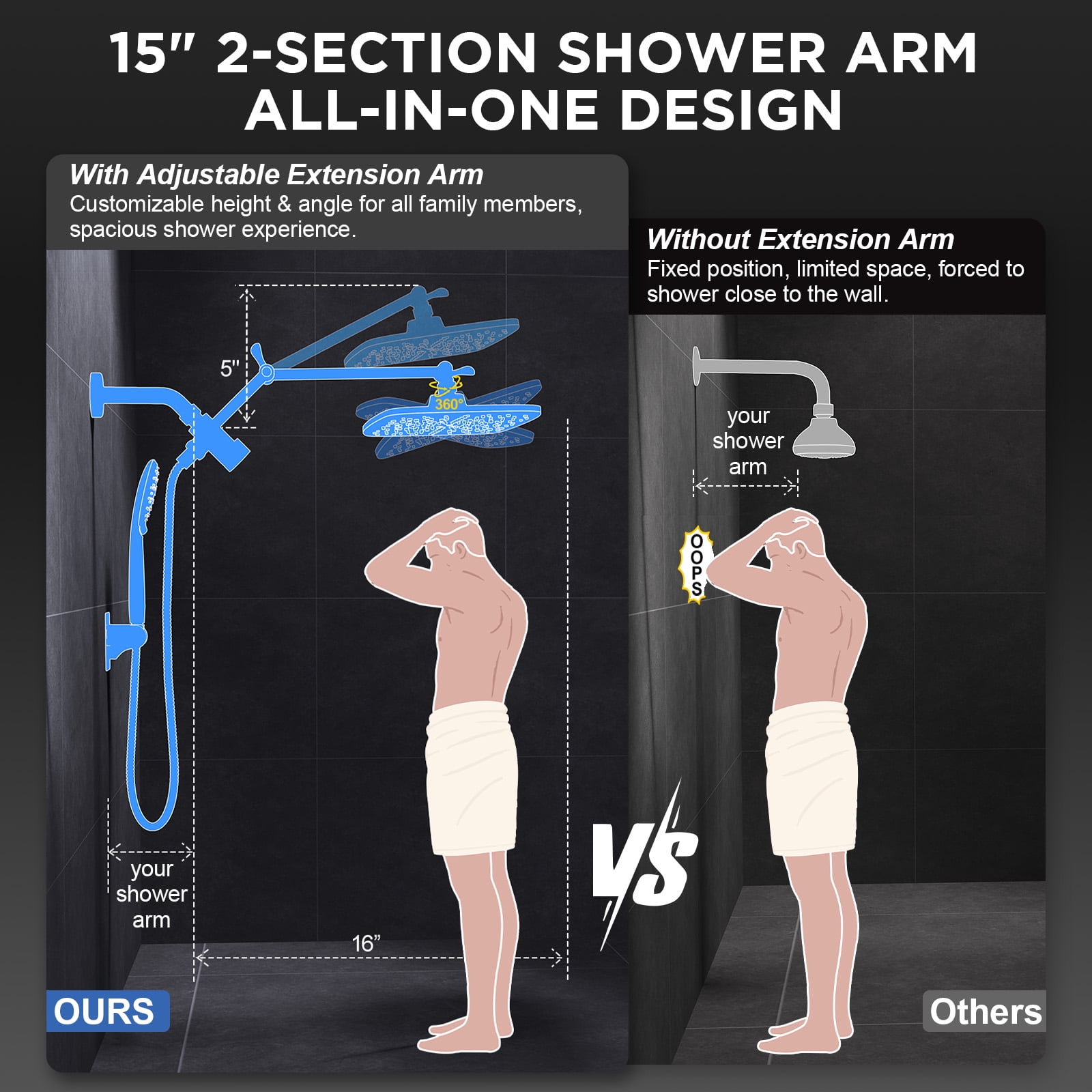 Veken Wide Rain Shower Head with Handheld, High Pressure Rainfall Showerhead Combo with Arm for Bathroom Accessories, Home Decor, Detachable Dual Shower with Multi Modes Handheld Spray, Silver Chrome