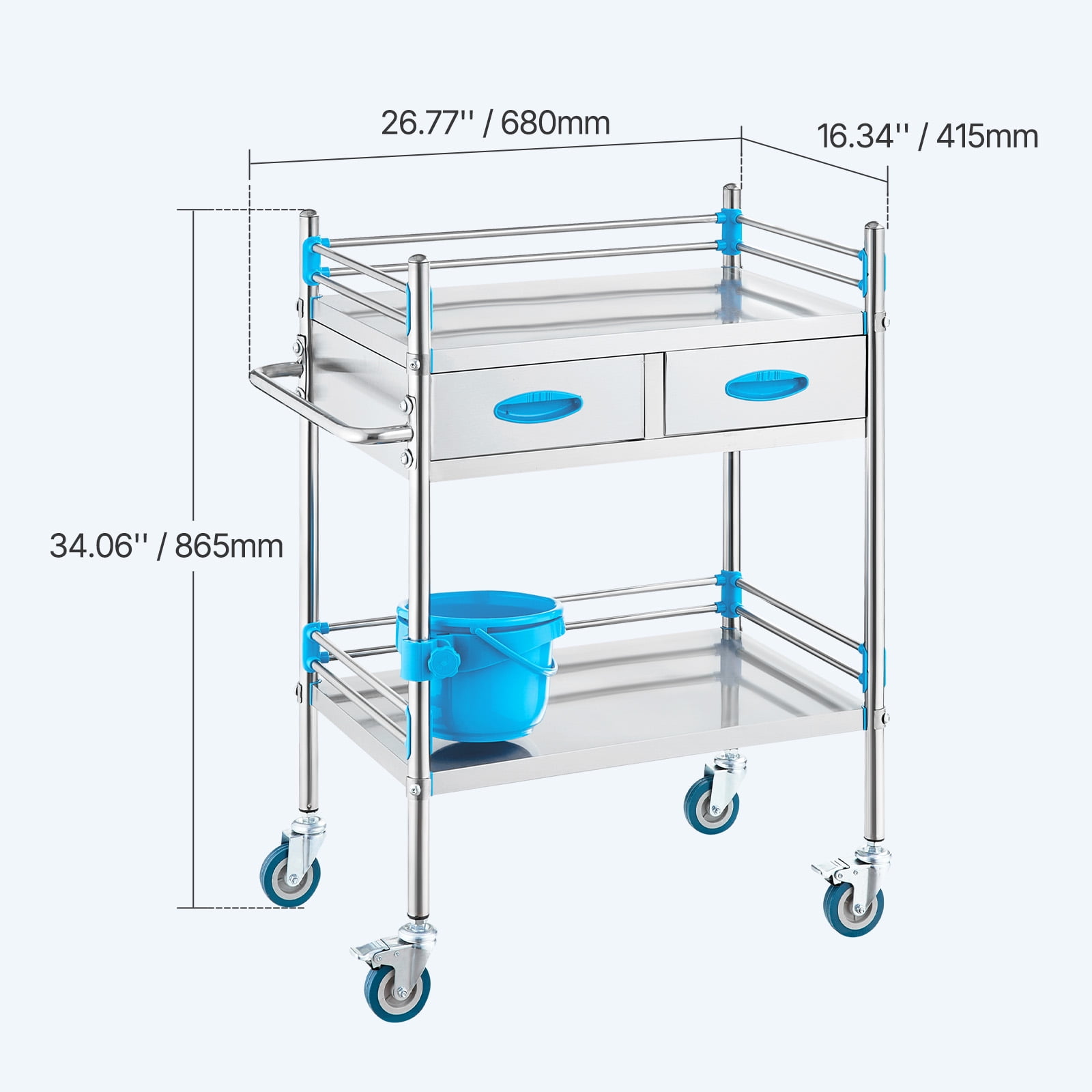 VEVOR Service Cart, 2 Layers Stainless Steel Utility Rolling Cart, Medical Cart with Two Drawers, Dental Utility Cart with Lockable Wheels and A Bucket, Ideal for Laboratory, Hospital, Dental Use