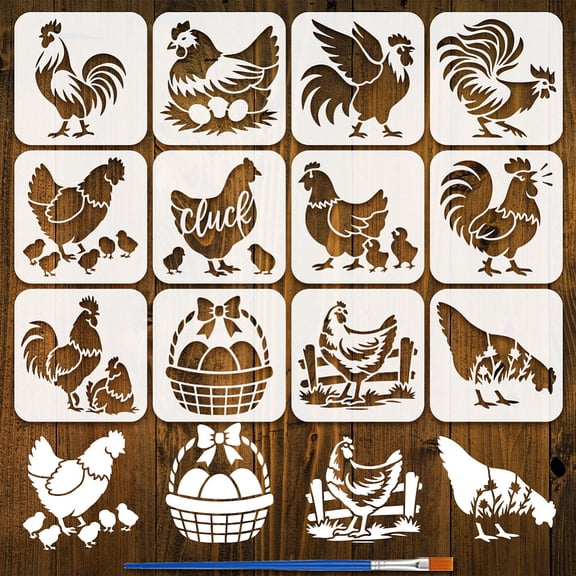 12 Pcs Chicken Painting Stencil with Brush 5.9x5.9 Inch 12 Styles Chick Hens Rooster Eggs Pattern Drawing Template DIY Art Decoration Stencil