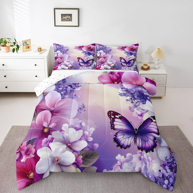 Erosebridal Purple Butterfly Bedding Full Comforter Set,Flower Down Comforter,Reversible,3 Pieces