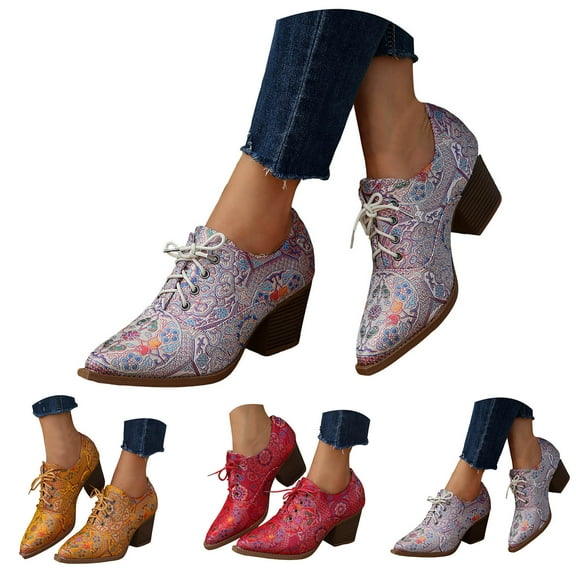 Dakaela Womens Vintage Cowboy Boots Floral Embroidered Western Ankle Booties Pointy Toe Cowgirl Dress Work Shoes Purple 6.5
