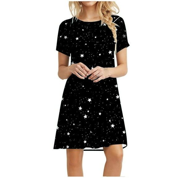 Babysbule Woman Summer Dresses Women's Casual Plain Loose Short Sleeve Loose Dress Floral Print Sunflower Print Dress