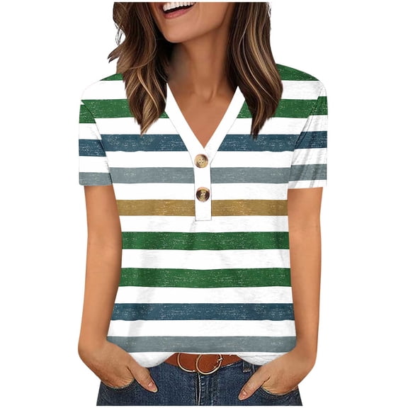 ZQUUVOU Womens 2025 T-Shirts V-Neck Button Stripe Short Sleeved Shirt V-Neck Tops(Green,L)