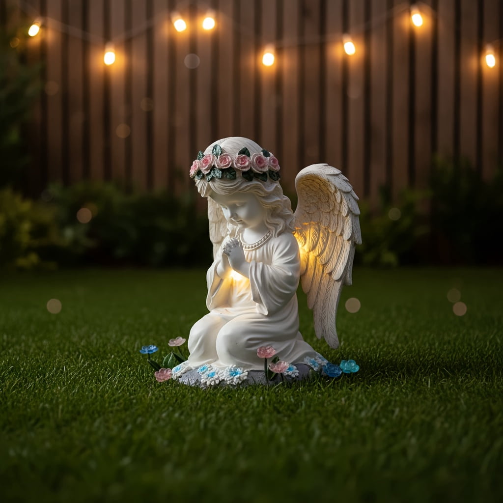 Solar Angel Garden Statue Outdoor Decor Figurine Light, Resin Flower Sculptures With LED Lights, Art Housewarming Ornament Gift