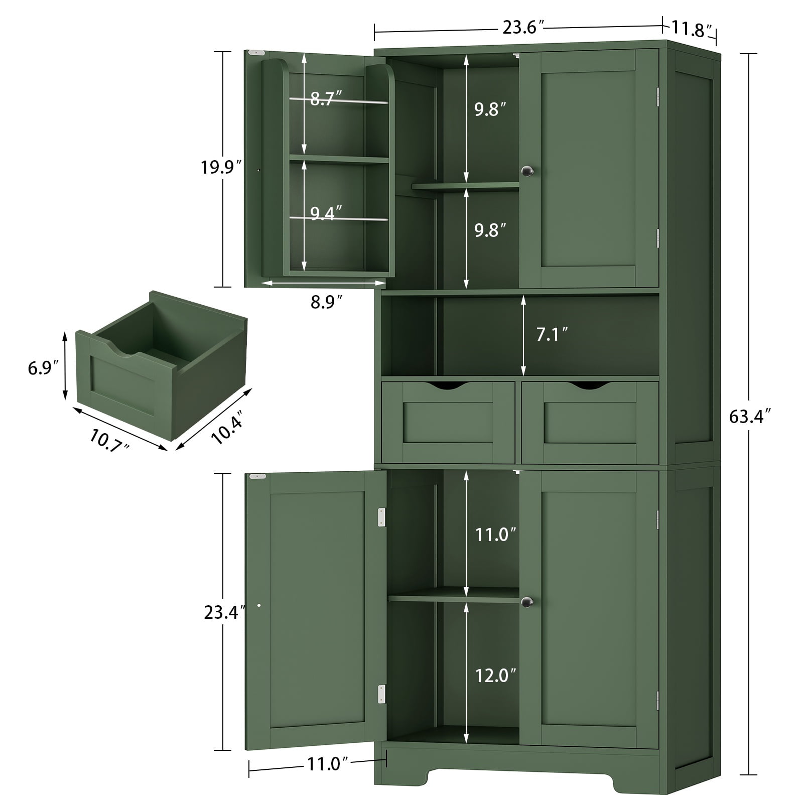 Kitchen Pantry Cabinet with Adjustable Shelf, Tall Storage Cabinet with 2 Drawers & 4 Door, Food Pantry Cabinets, for Kitchen, Dining Room, Living Room, Green