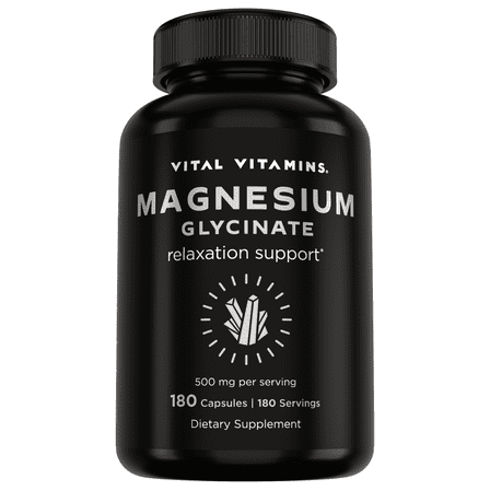Vital Vitamins Magnesium Glycinate Supplement 500mg, Supports Relaxation, Calmness, and Sleep, Vegan Non-GMO, 180 Capsules