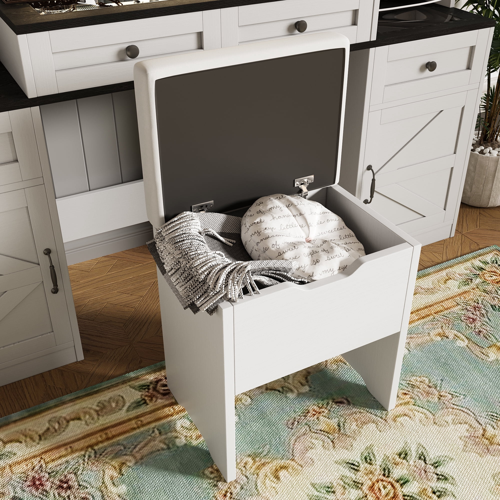 Yoneston 61.5" Farmhouse Vanity Desk Set with Mirror and LED Lights, Glass Top Vanity Table with Chair, Charging Station and 5 Drawers Cabinets, White