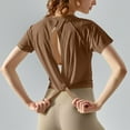 thumbnail image 4 of JGGSPWM Womens Athletic Yoga Running Short Sleeve Tops Loose Fit Crew Neck Hollow Back Gym Plain T Shirts Brown XL, 4 of 6