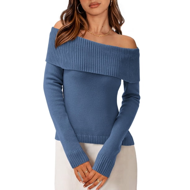 Suéter PRETTYGARDEN de punto acanalado azul con escote hombros descubiertos talla L
