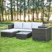 Bigzzia 5 Seater Patio Furniture Sets All-Weather Rattan Outdoor Sectional Sofa Handwoven Wicker Patio Sofa Couch Garden Backyard Conversation Set with Cushion and Glass Table