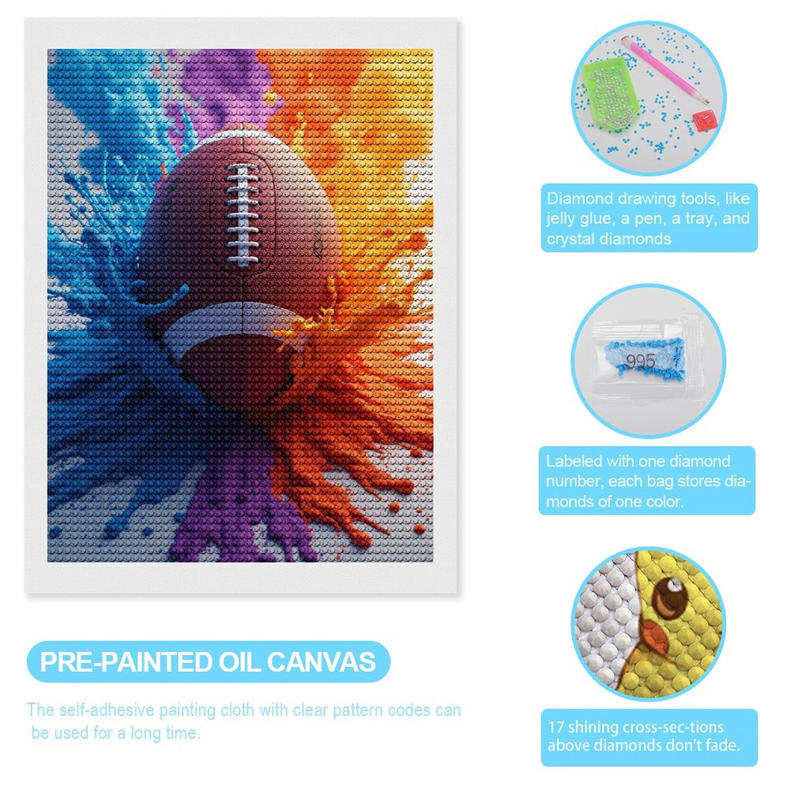 Diamond Art Kit for Adults, Football Color Splash Art Diamond Painting for Adults Beginners, 5D DIY Diamond Art Painting Kits, Colorful Diamond Painting Craft for Home Decor 12x16
