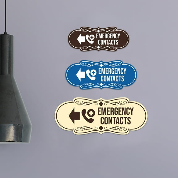 Designer Emergency Contacts (Left Arrow) Sign (Navy Blue / White) - Large