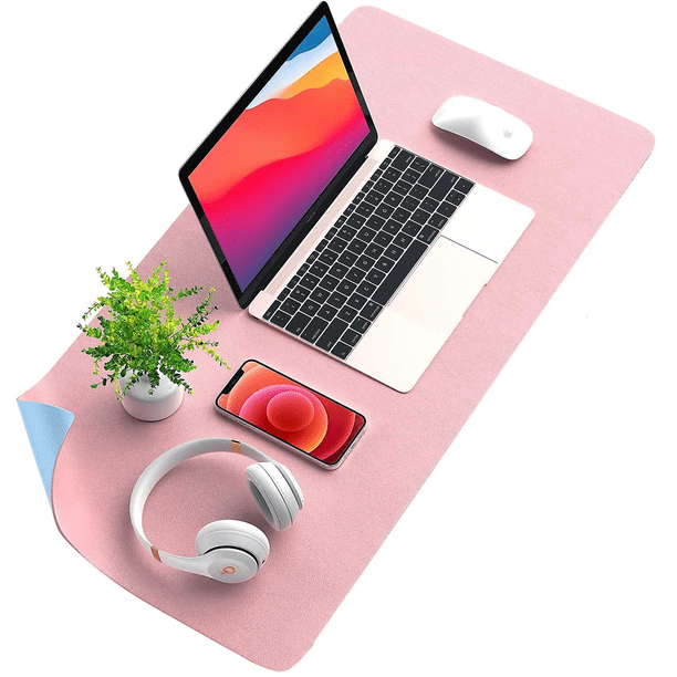 Protector de alfombrilla de escritorio - Almohadilla de escritorio de cuero de PU de doble cara Almohadilla de escritorio de estudio de PU impermeable (31" x 12") Azul + Rosa JAMW Sencillez
