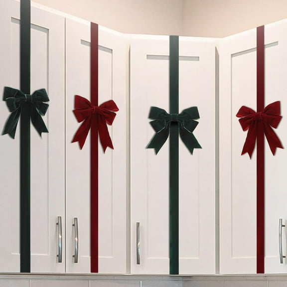 Set of 4 Christmas Velvet Cabinet Ribbon Bows 78 Inch Festive Large Xmas Bow Artificial Front Door Holiday Ribbons for Party Furniture Room Kitchen Decorations(Red,Green)