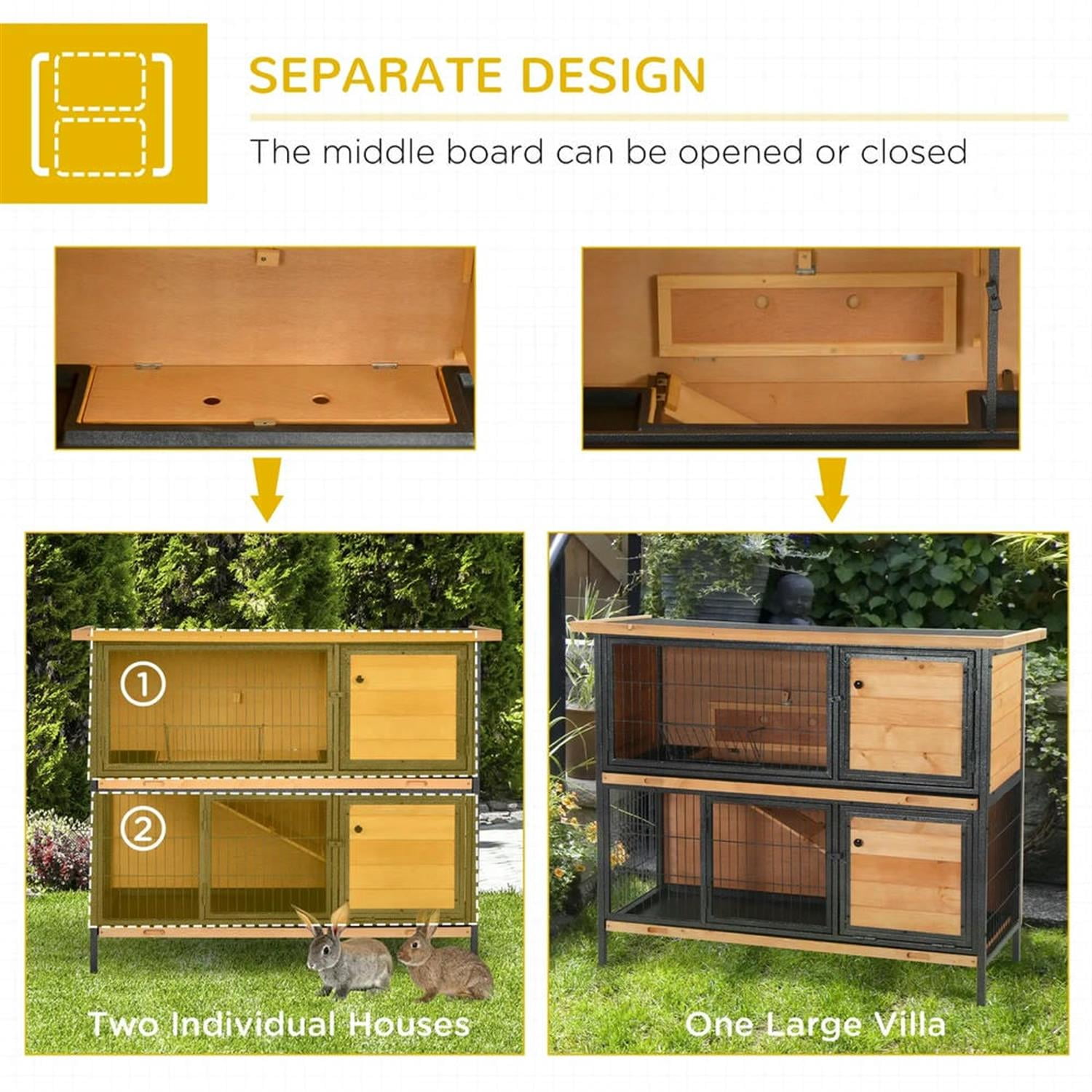Kadyn 48" 2-Story Wooden Rabbit Hutch with Slide-out Tray, Outdoor Small Animal Habitat Enclosure Bunny Cage for Bunnies, Guinea Pigs, Beige