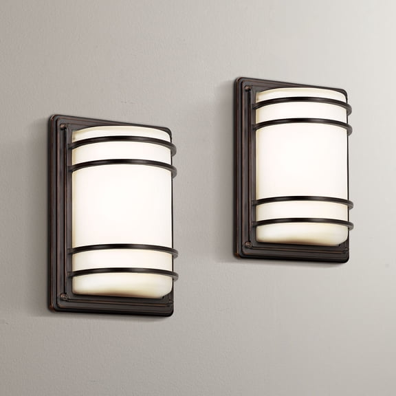 John Timberland Habitat Modern Wall Light Sconces Set of 2 Rubbed Bronze Metal Hardwire 7 1/2" Fixture Opal Glass for Bedroom Bathroom Vanity Reading
