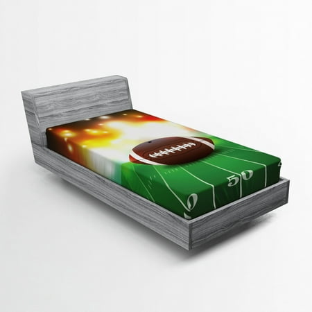 Sports Fitted Sheet American Football Ball with Warm Properties on Grass Turf Field Team Art Graphic, Soft Decorative Fabric Bedding, Brown Green, by