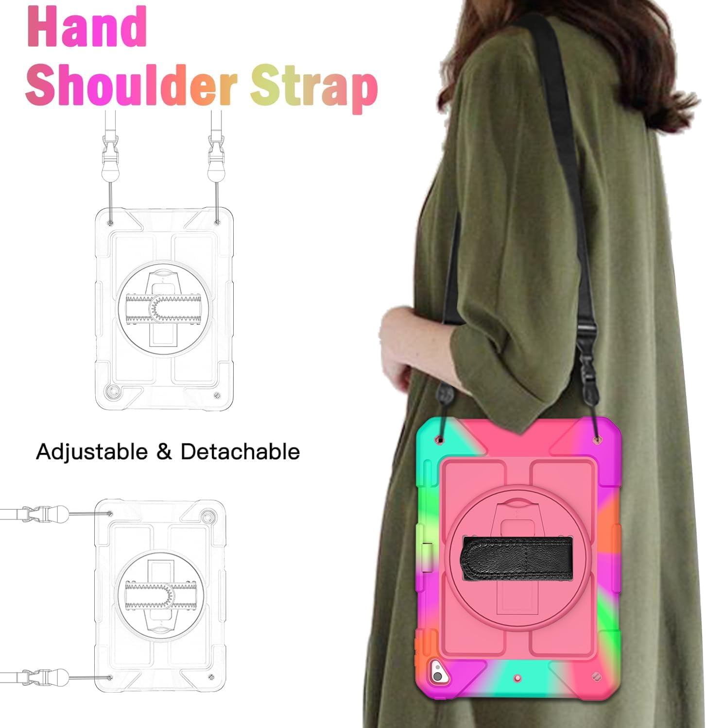 SUPNICE Rugged Case for iPad 9.7 Inch 2018/2017, 3 Layer Hybrid Shockproof [360 Rotating Stand] [Hand Strap] [Pencil Holder] Kids Case, iPad 6th Generation Case, iPad 5th Generation Case, Pink