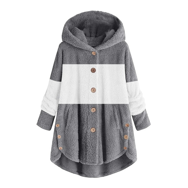 HBFAGFB Womens Jacket Winter Color Block Plush Button Hoodie Loose Comfort Warm Coats Grey Size 2XL