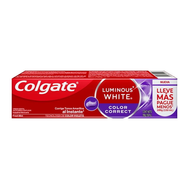 pasta dental blanqueadora colgate luminous white color correct 150 ml — Empaque frontal horizontal con logo Colgate en rojo a la izquierda y sello Luminous White Color Correct en centro-derecha; caja blanca y morada muestra leyenda "Color Violeta", indica corrección de tonos amarillos al instante, protección anticaries con flúor y contenido neto 150 ml.
