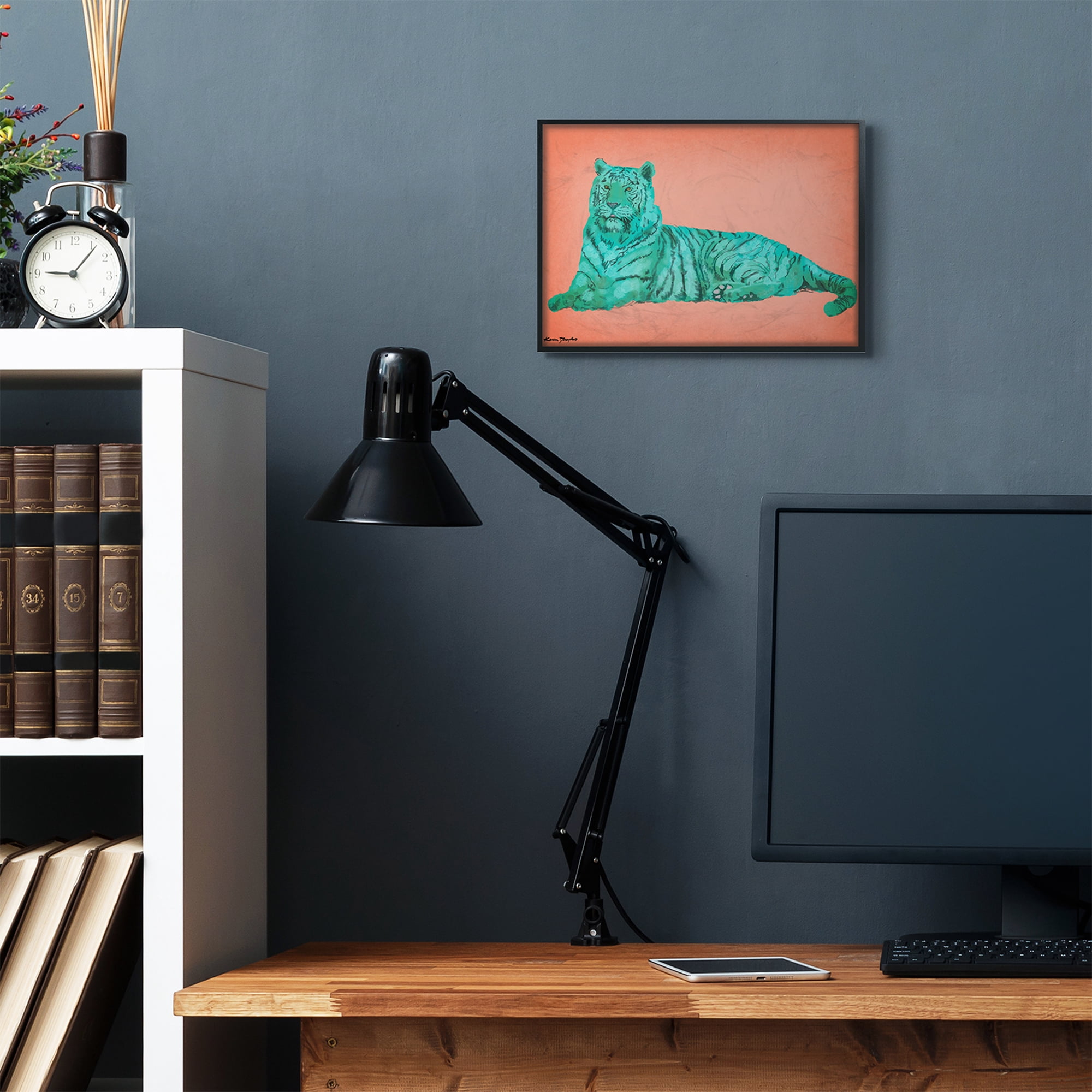 Stupell Industries Cyan Pink Tiger Design Framed Wall Art by Karen Dreyfus, 11" x 14", Black Framed
