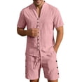 thumbnail image 2 of Cotton Linen Short Sets for Men Summer Short Sleeve Button V Neck Stand Collar Shirt and Shorts 2 Piece Matching Set, 2 of 5