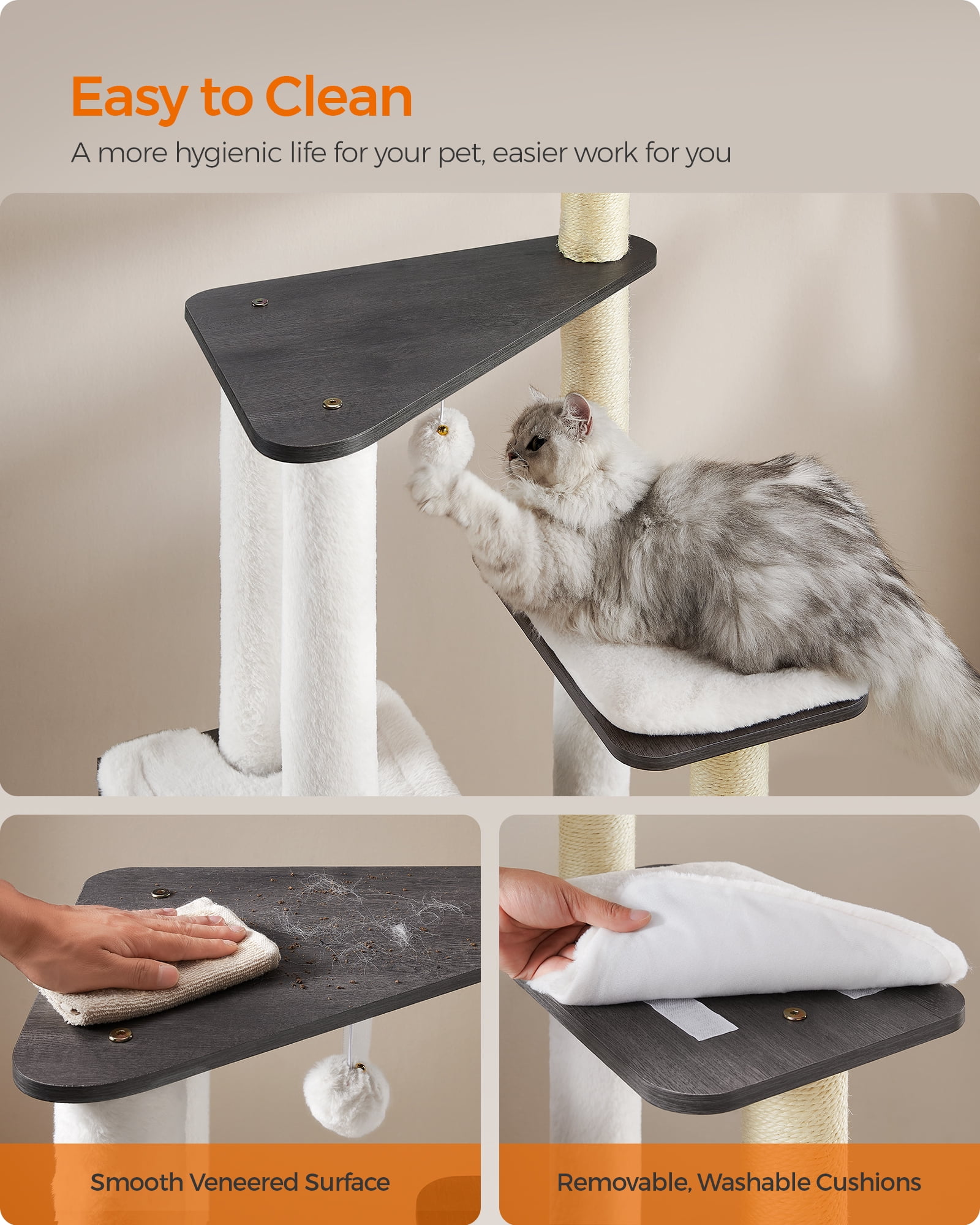 WoodyWonders Cat Tree, 65-Inch Modern Cat Tower for Indoor Cats, Multi-Level Cat Condo with Scratching Posts, Cat Furniture, Gray