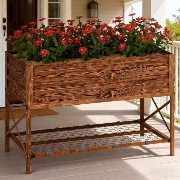 Planters For Outdoor Plants, Gardening Bed,Metal Planter Box,Galvanized Raised Garden Bed,with Legs,Storage Shelf and Bed Liner, Dark Brown Garden Pots,Wood Indoor Garden Pots
