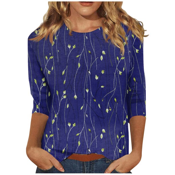 Camisas de manga 3/4 para mujer Camisetas gráficas con estampado lindo Blusas Casual Tallas grandes Tops básicos Jersey azul marino / M