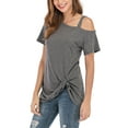 thumbnail image 2 of ALING Women's T Shirts Casual Off Shoulder Tops Short Sleeve T Shirts Sexy Twisted Tops Summer Loose Fit Tee Boat Neck Tunic Tops,Black/Dark Grey/Burgundy, 2 of 6