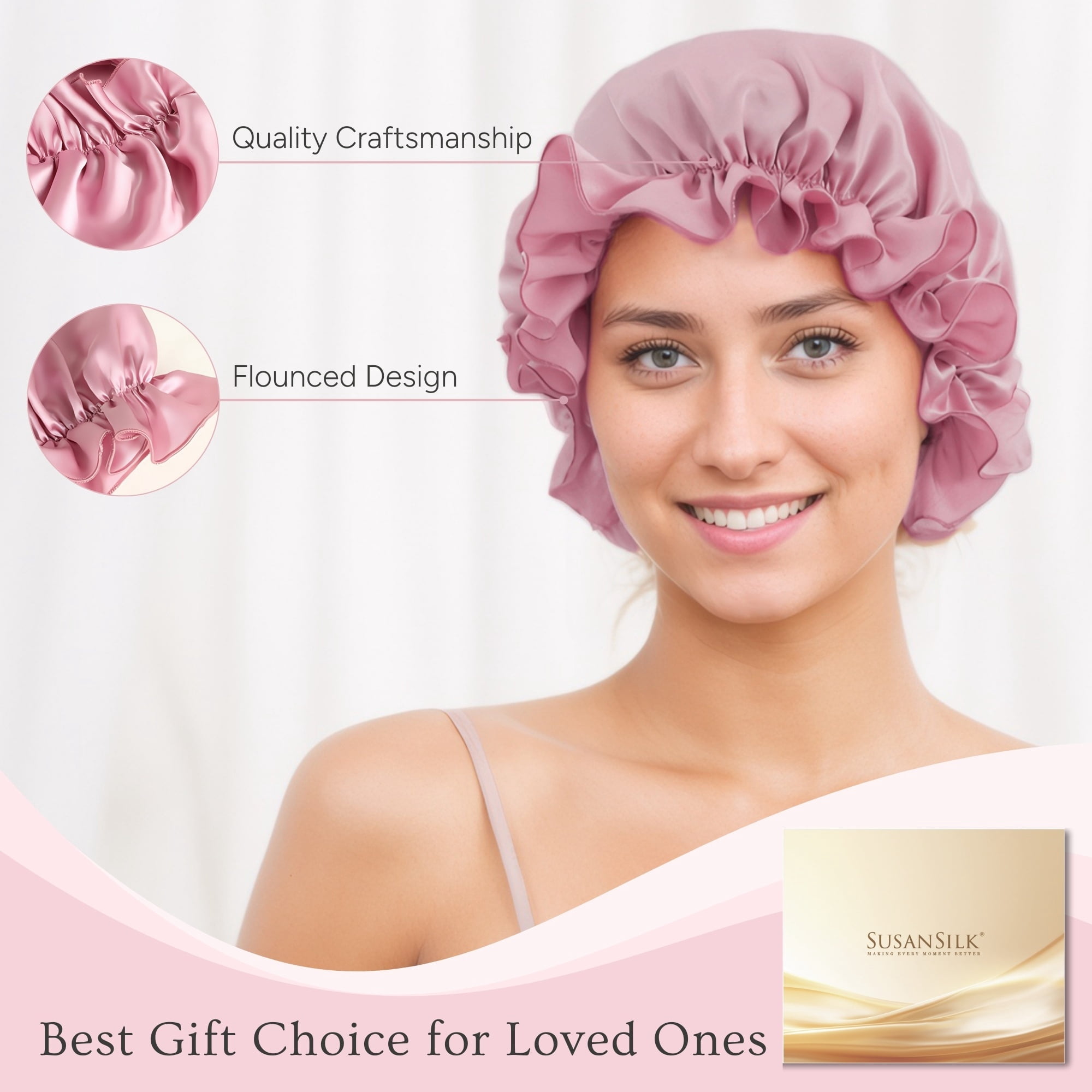 SusanSilk Premium Mulberry Silk Shower Bonnet, Breathable Hair Protection, Adjustable Elastic