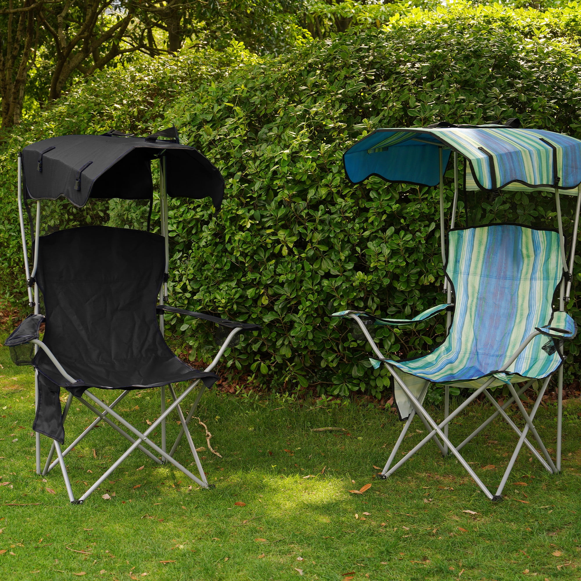FlexWave Folding Camp Chair，Portable Outdoor Chair，with Shade & Cup Holder，for Camping, Beach, Fishing, and Sports Events