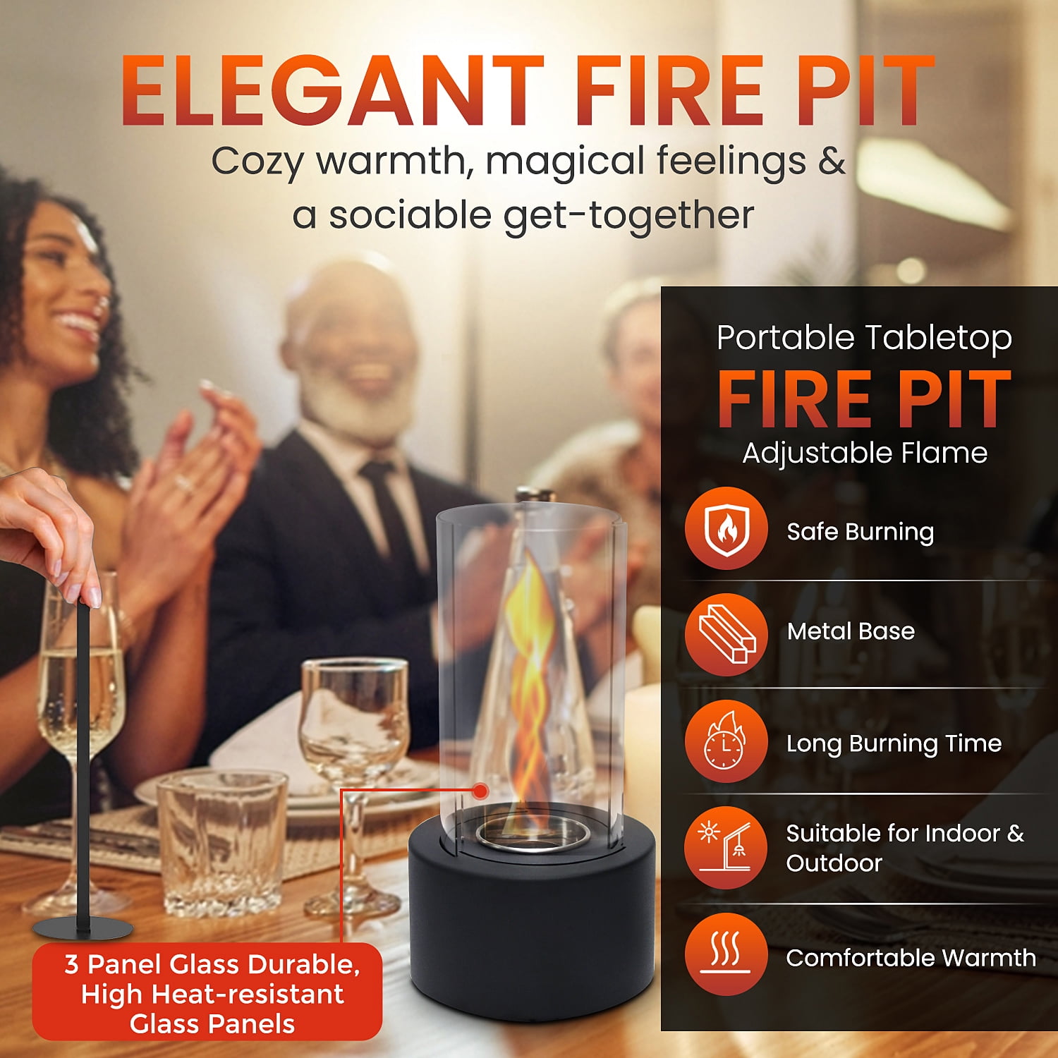 Portable Mini Fireplace Tornado Flame Metal Tabletop Fire Pit Glass Portable Heater, Gift for Christmas