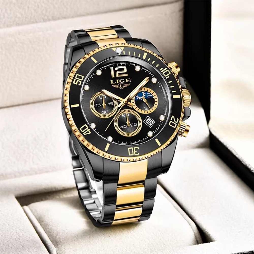 Men's Watch Quartz Watch Chronograph Watch Stainless Steel Watch Sports Watch Waterproof Wristwatch with Luminous Hands Date Display Large Face Analog Watch Business Casual Fashion Watch Gift for Men