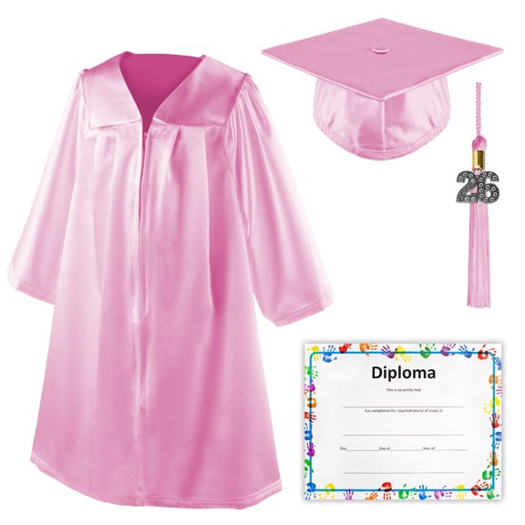 Class Act Graduation Shiny Kindergarten Preschool Graduation Cap & Gown with Matching Bling Tassel and Diploma Certificate, Pink