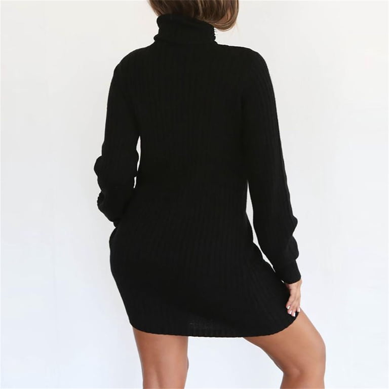 JGGSPWM Women's Turtleneck Mini Dress Ribbed Knit Puff Sleeves Dresses Black  S - Walmart.com