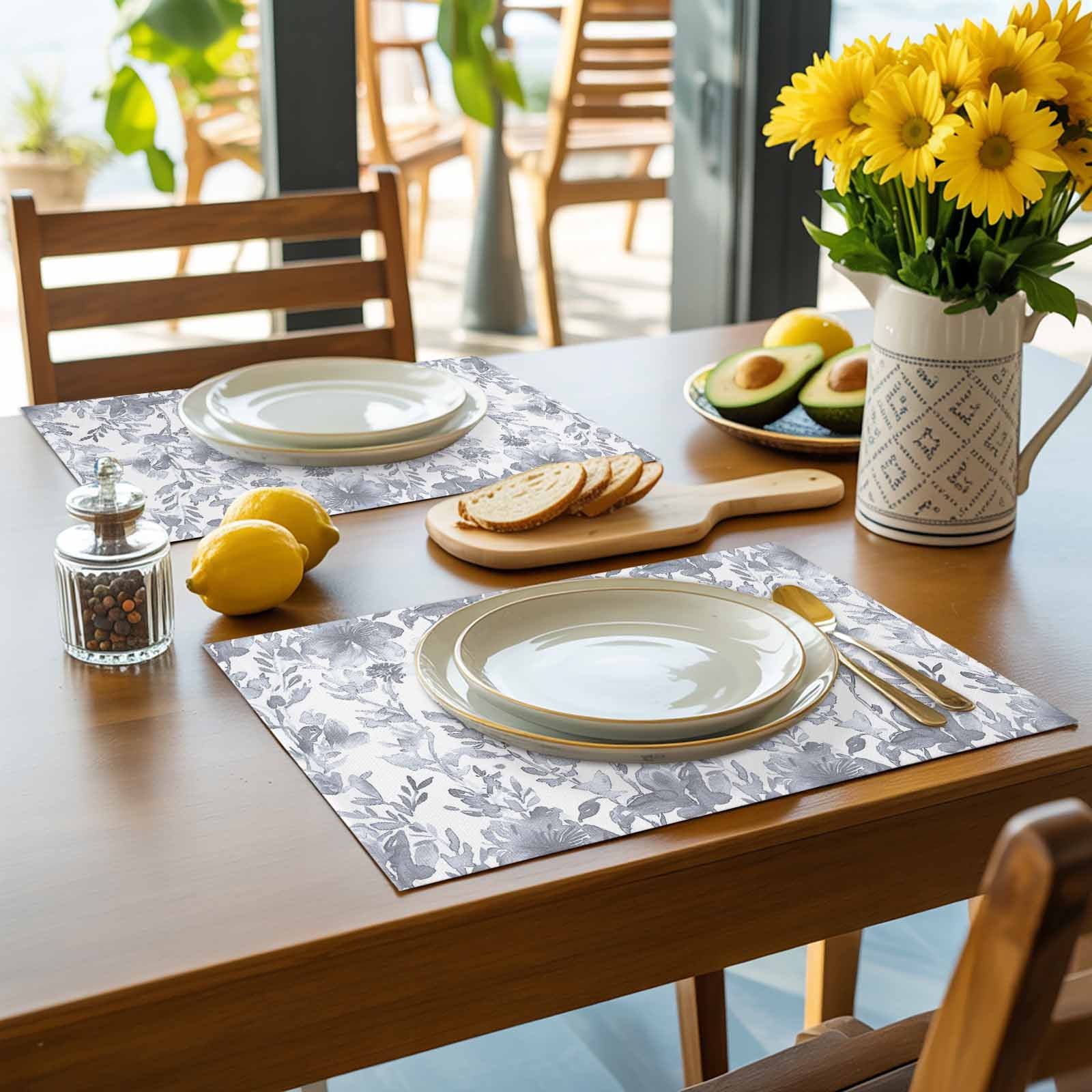 Placemat Watercolor Flower Placemats for Dining Table Gray Floral Plant Washable Table Mats for Party Kitchen Dining Decoration