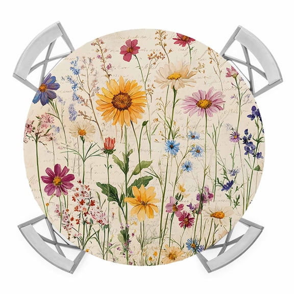 Spring Floral Round Fitted Tablecloth with Elastic Edge, Waterproof Table Cloth Table Cover for 45"-54" Tables, Vintage Pastoral Rustic Botanical Flowers Tablecloths for Dining Picnic Indoor Outdoor