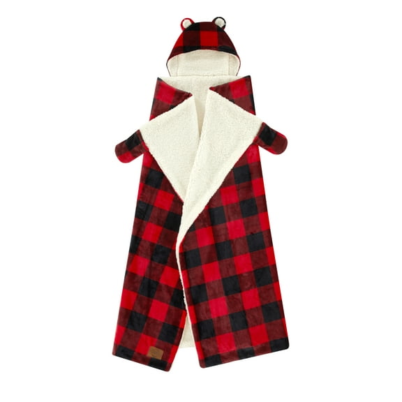 Dearfoams Hooded Plush Polyester Throw with Sherpa Reverse, Buffalo Plaid, Black and Red, 50" x 60"