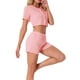 thumbnail image 4 of Conjuntos de pijama para mujeres INSPIRE CHIC de manga corta, parte superior de punto con botones y pantalones cortos, 2 piezas, ropa de descanso Y2K, XL, rosa, 4 of 6