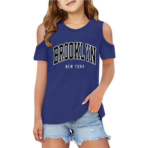 XEGLSBU Shirts for Girls 14-16 Children Kids Girls Short Sleeve Cold Shoulder T Shirts Kids Summer Oversized Tops Casual Crewneck Basic Tees Blue Size 7-8 Years