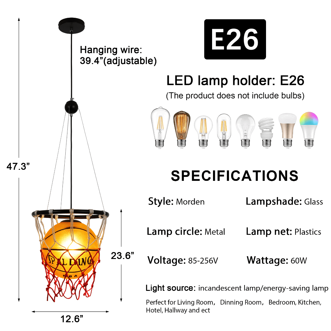FINE MAKER Basketball Pendant Light Glass Industrial Chandelier Sport Ceiling Lighting Fixture Hanging Light for Restaurant Bar Sports Shop