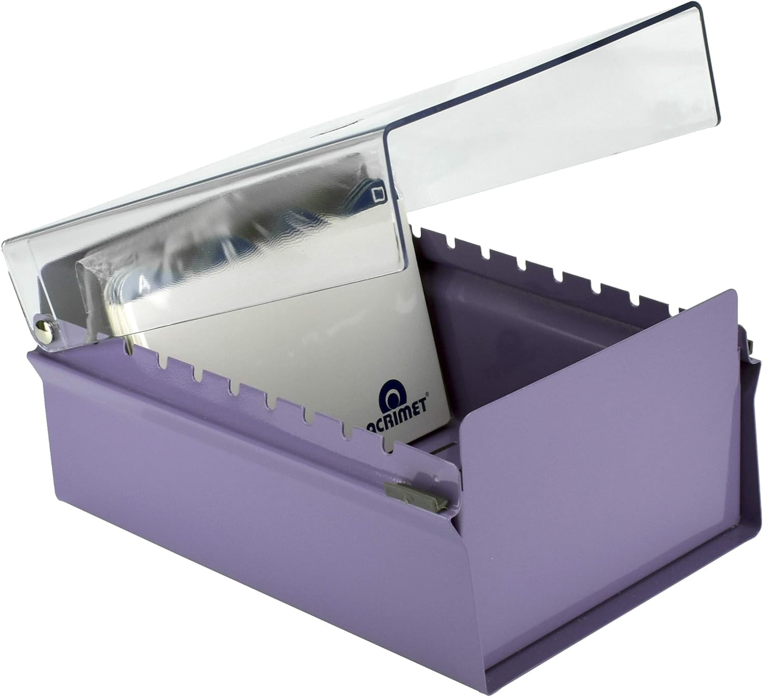 Acrimet 4 x 6 Card File Holder Organizer Box Metal Base Heavy Duty (AZ Index Cards and Divider Included) (Purple Color with Clear Crystal Plastic Lid Cover)