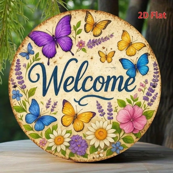 HELLOYOUNG Vintage Farmhouse Welcome Butterfly Wreath Metal Sign, Rustic Wall Art with Floral Decor for Home Garden Garage