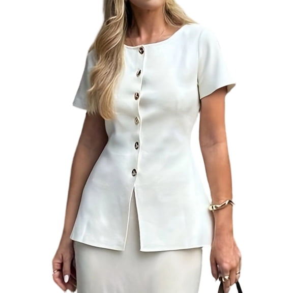 Women'S Short Sleeve Sweater Button Down Crew Neck Knit Cardigan Fashion Business Casual Outfits White S