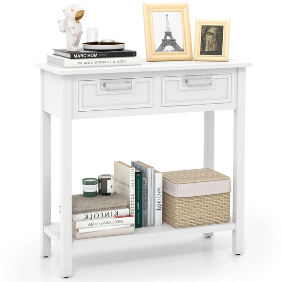 Gymax Narrow Console Table with Drawers Retro Accent Sofa Table w/ Open Storage White