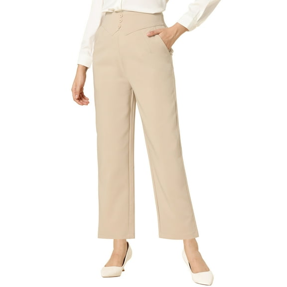 Allegra K Elegant Business Pants for Women's Elastic Waist Button Decor Straight Leg Work Trousers